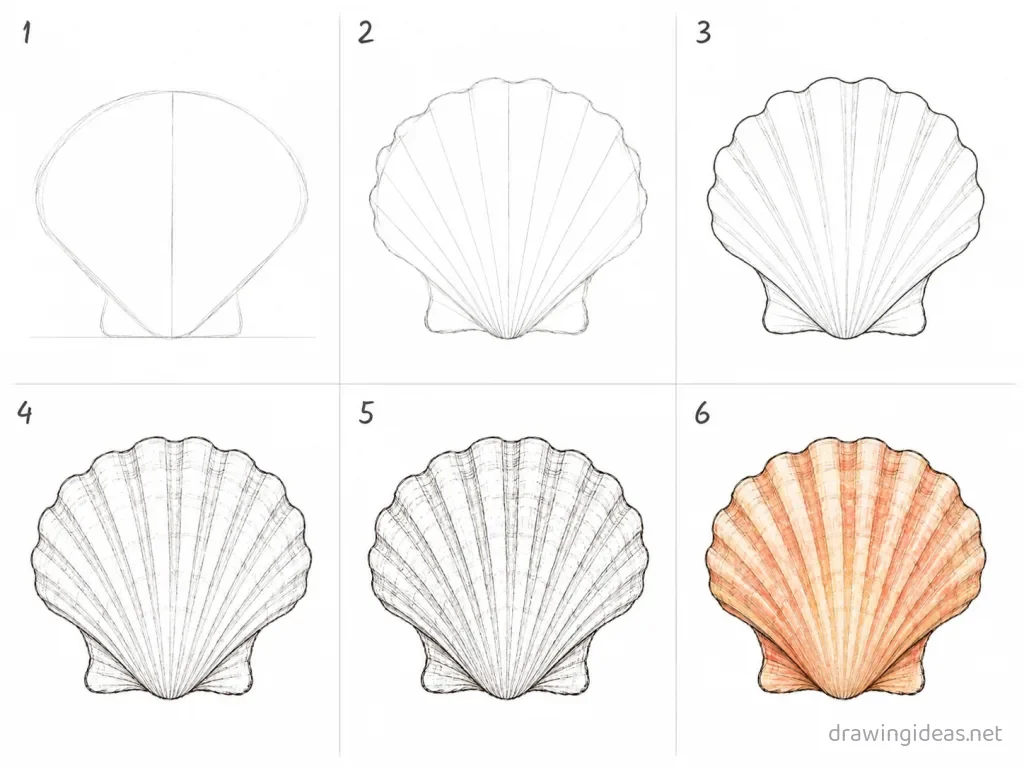 How to draw a shell step by step — 6-step shell drawing tutorial grid