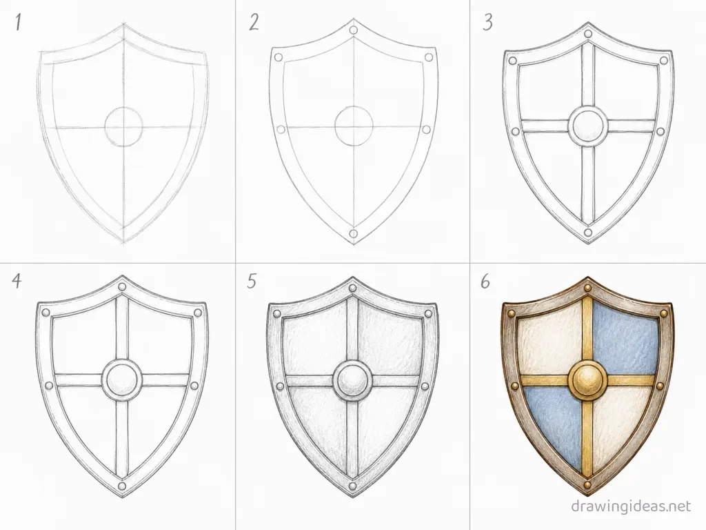 How to draw a shield step by step — 6-step shield drawing tutorial grid