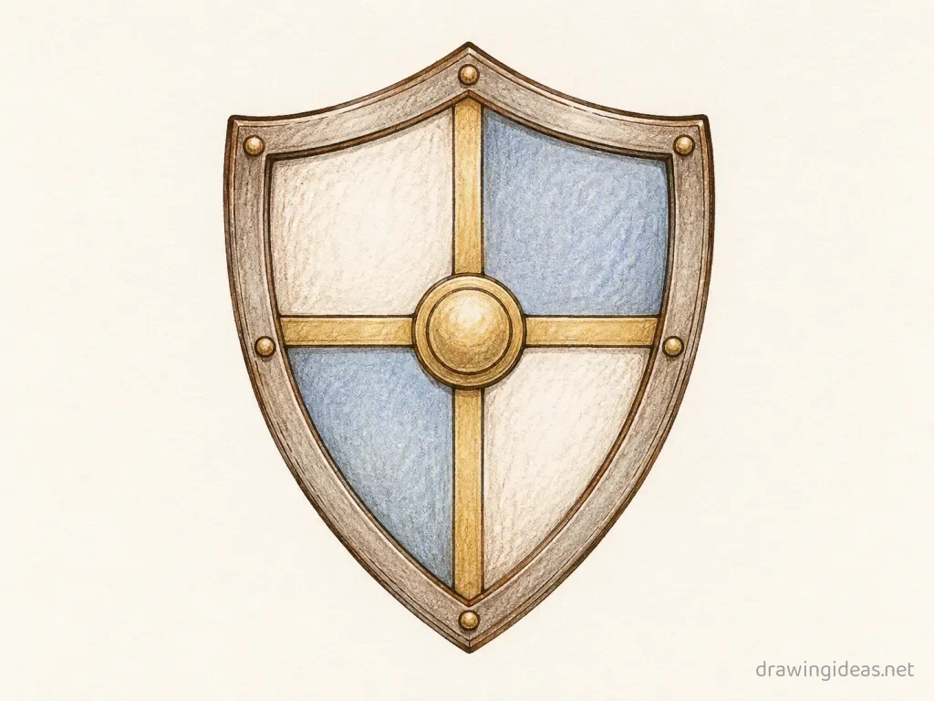 Shield drawing — hand-drawn shield illustration with ink lines and soft colors