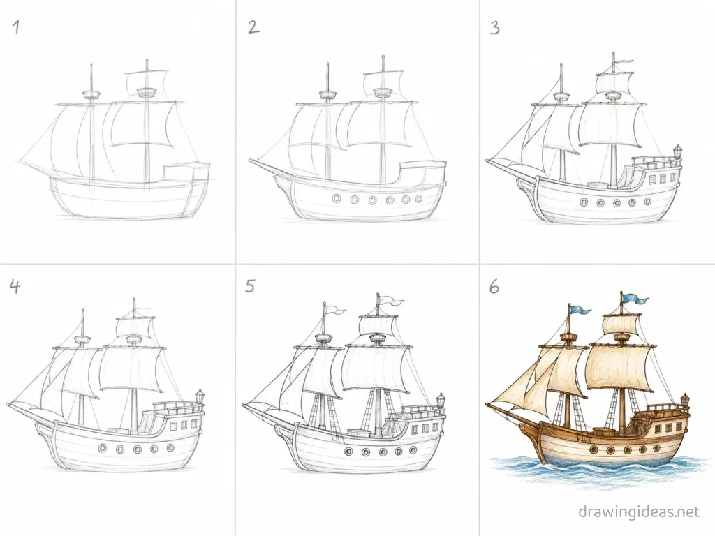 How to draw a ship step by step — 6-step ship drawing tutorial grid