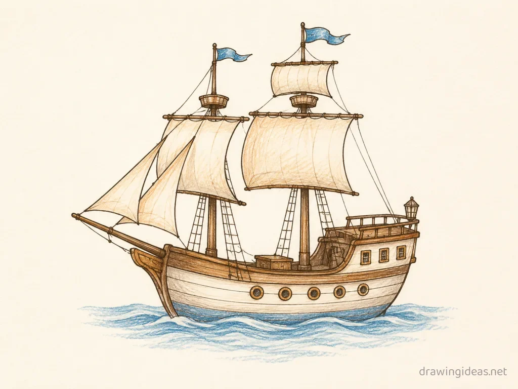 Ship drawing ā hand-drawn ship illustration with ink lines and soft colors