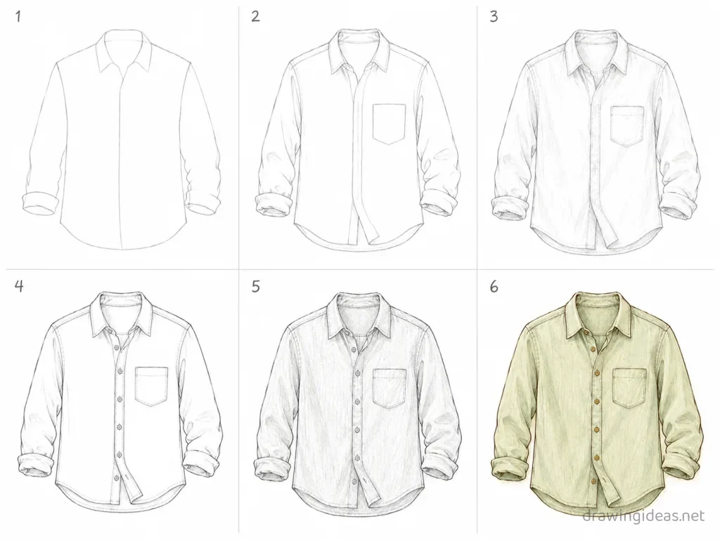 How to draw a shirt step by step — 6-step shirt drawing tutorial grid