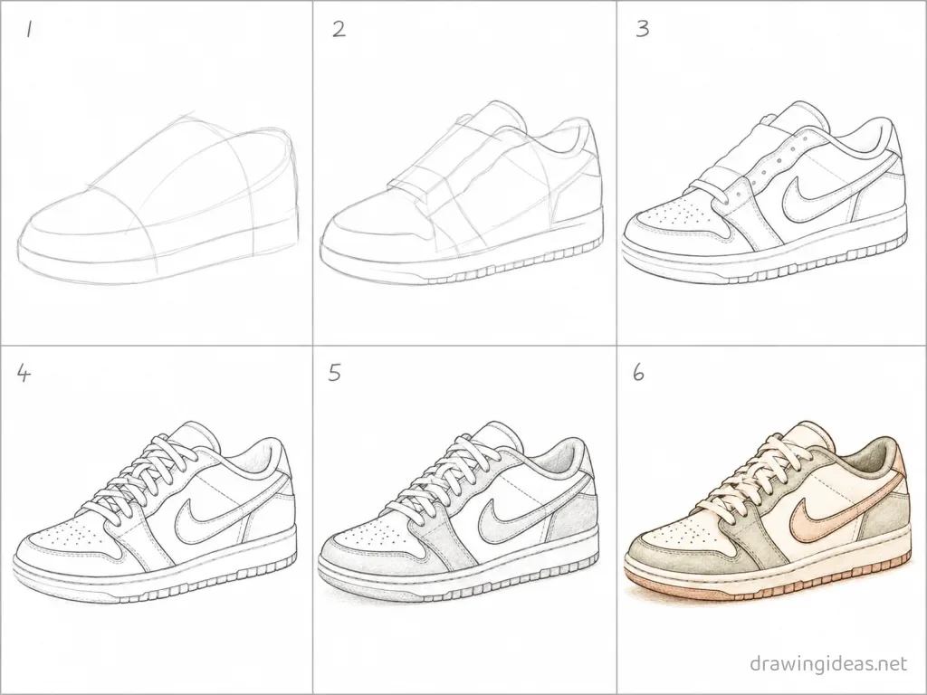 How to draw a shoe step by step — 6-step shoe drawing tutorial grid