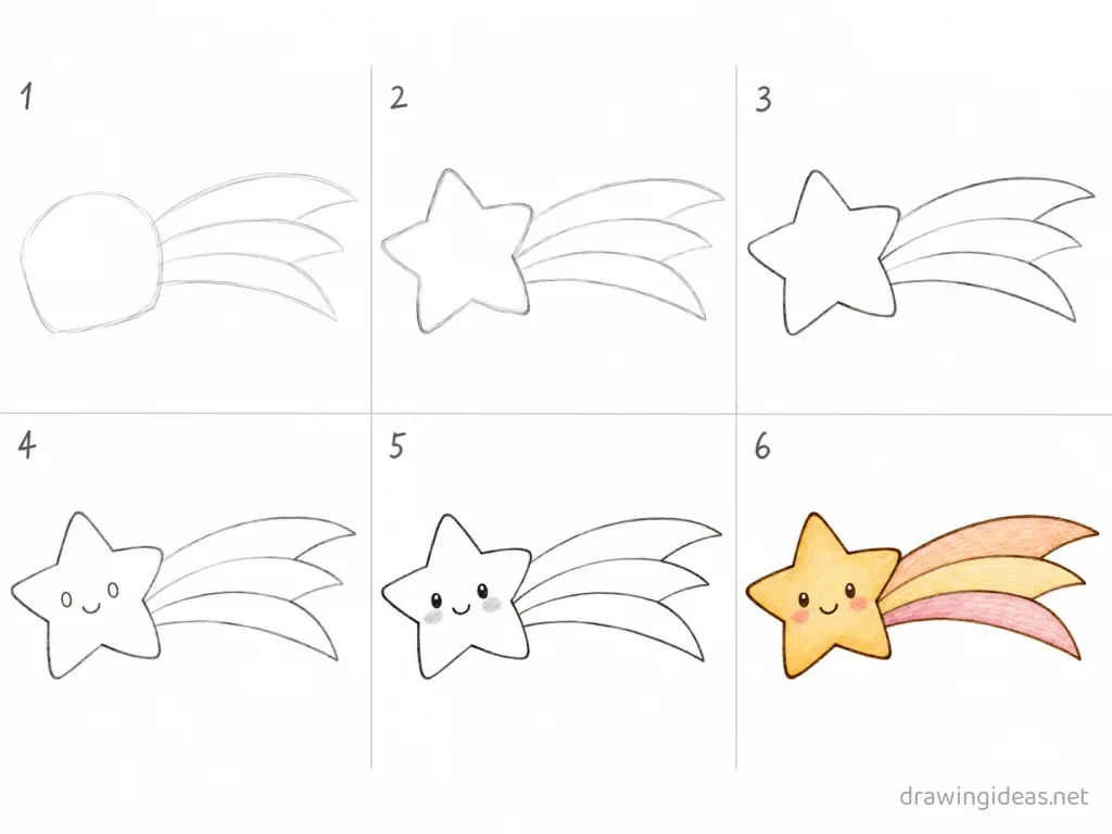 How to draw a shooting star step by step — 6-step shooting star drawing tutorial grid