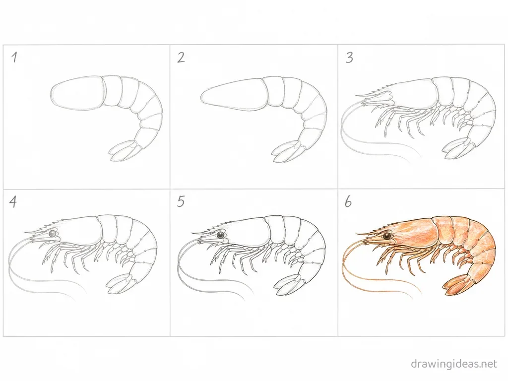 How to draw a shrimp step by step — 6-step shrimp drawing tutorial grid