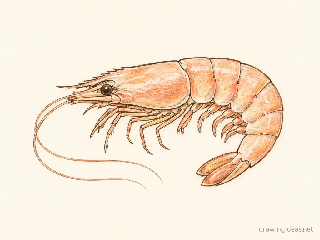 Shrimp drawing — hand-drawn shrimp illustration with ink lines and soft colors