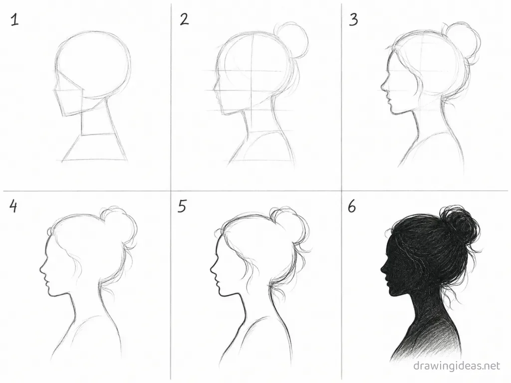How to draw a silhouette step by step — 6-step silhouette drawing tutorial grid