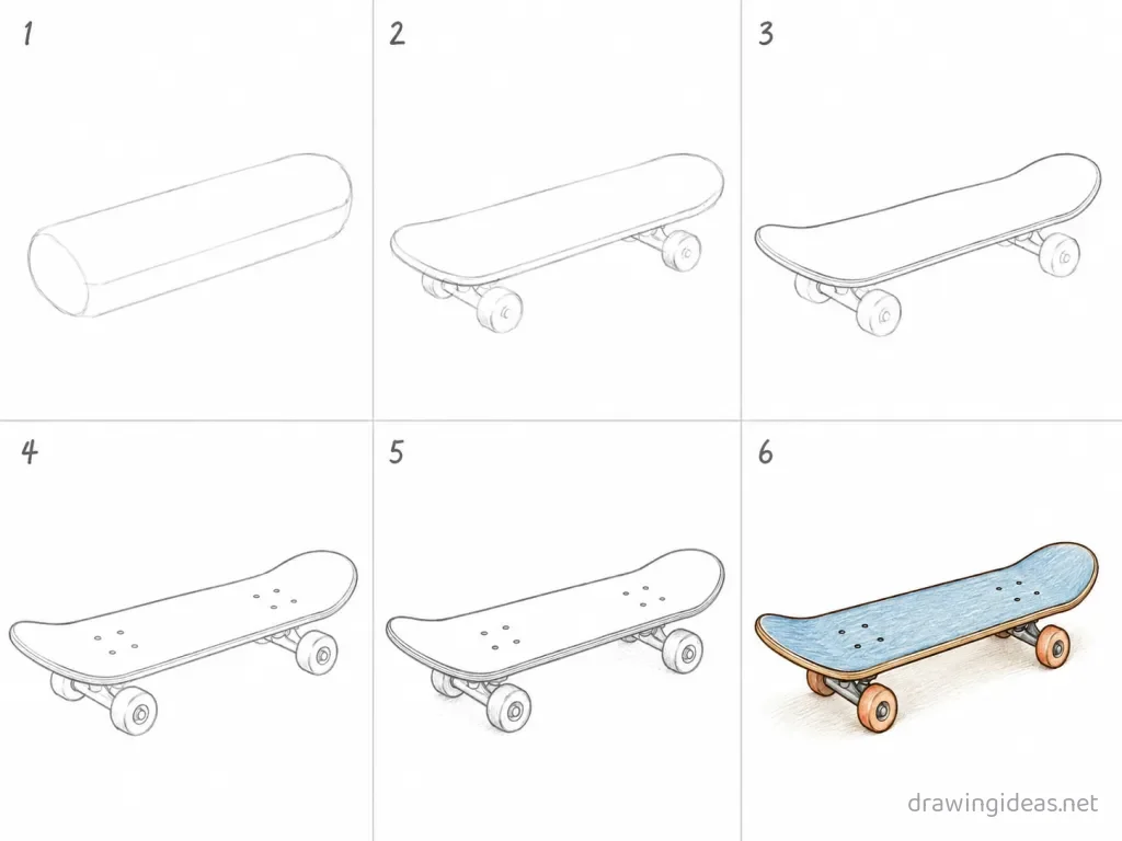 How to draw a skateboard step by step — 6-step skateboard drawing tutorial grid