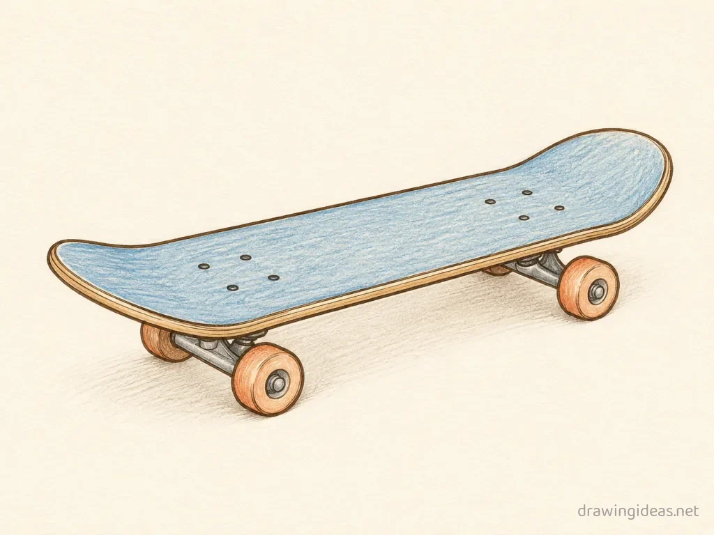 Skateboard drawing ā hand-drawn skateboard illustration with ink lines and soft colors