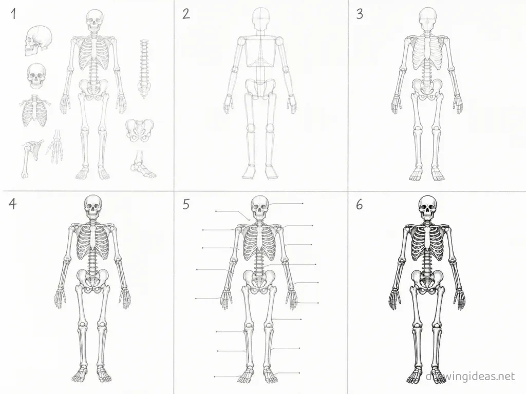 How to draw the Skeletal System step by step — 6-step Skeletal System drawing tutorial grid