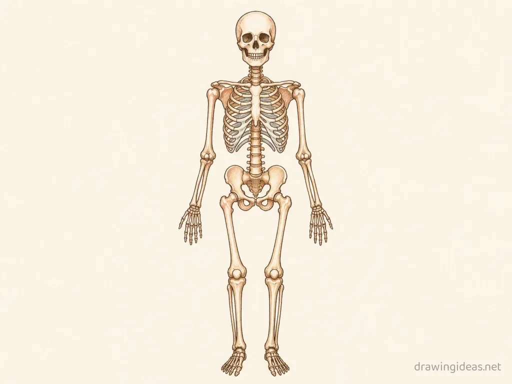 Skeletal System drawing — hand-drawn Skeletal System illustration with ink lines and soft colors