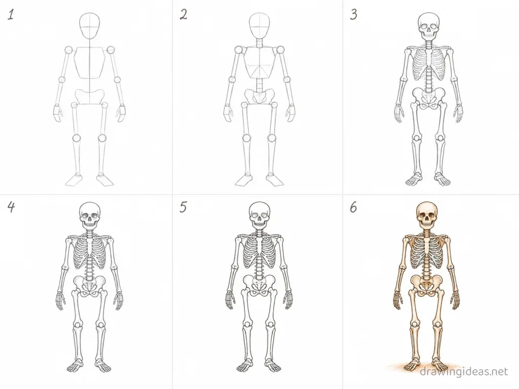 How to draw a skeleton step by step — 6-step skeleton drawing tutorial grid
