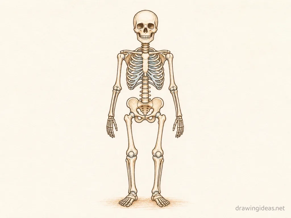 Skeleton drawing — hand-drawn skeleton illustration with ink lines and soft colors