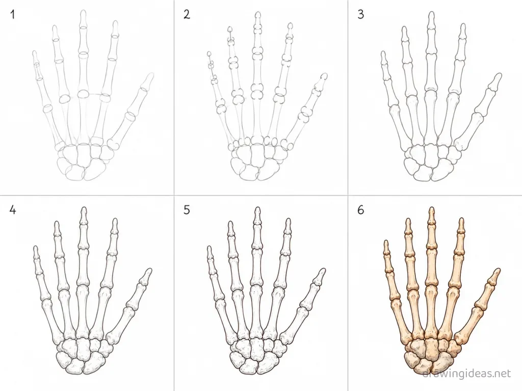 How to draw a skeleton hand step by step — 6-step skeleton hand drawing tutorial grid