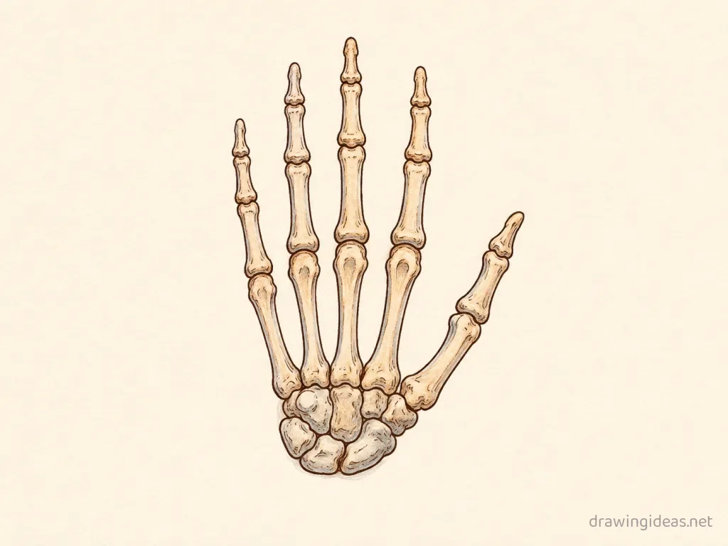 Skeleton Hand drawing — hand-drawn skeleton hand illustration with ink lines and soft colors