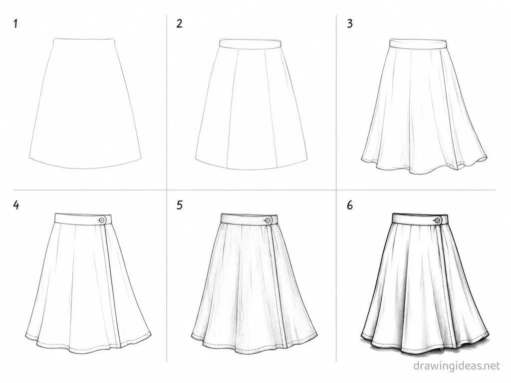 How to draw a skirt step by step — 6-step skirt drawing tutorial grid