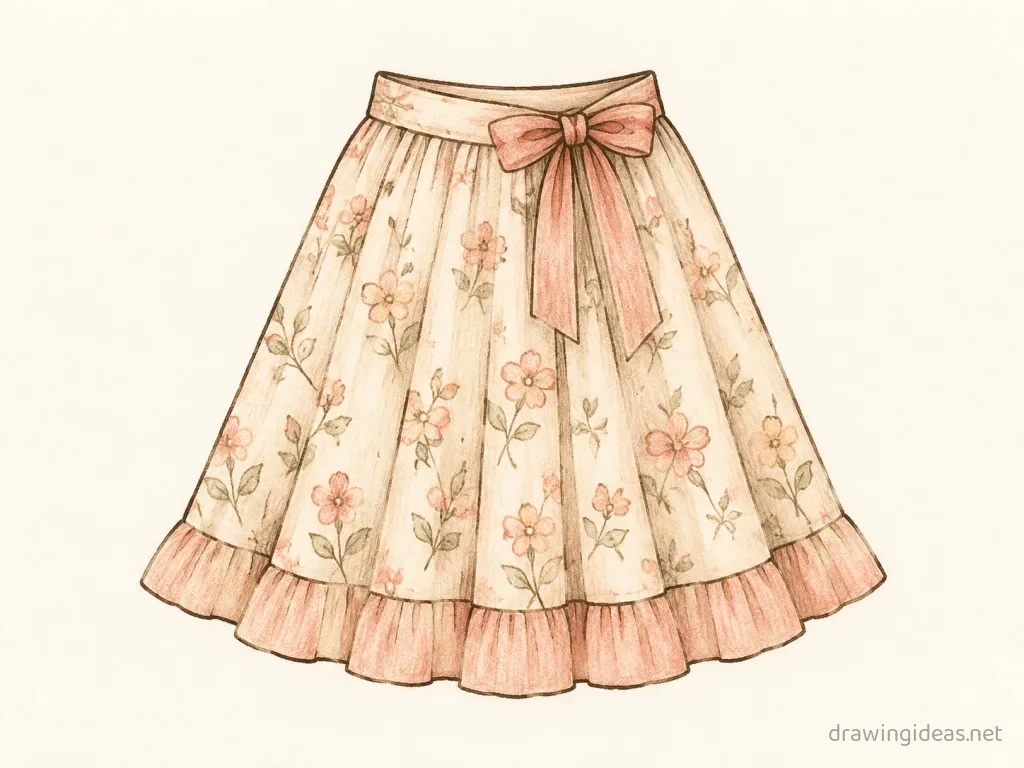 Skirt drawing — hand-drawn skirt illustration with ink lines and soft colors