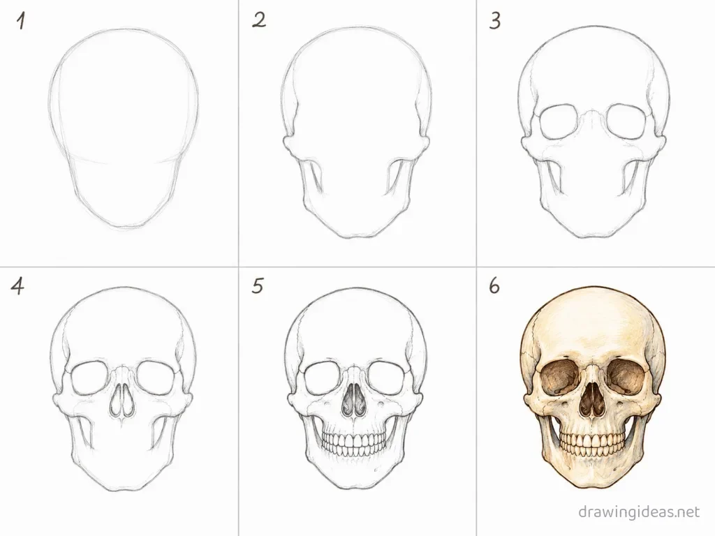 How to draw a skull step by step — 6-step skull drawing tutorial grid