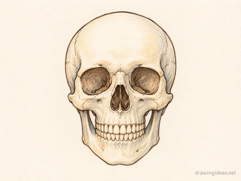 Skull drawing — hand-drawn skull illustration with ink lines and soft colors