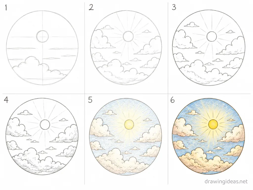 How to draw a sky step by step — 6-step sky drawing tutorial grid