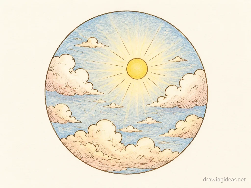 Sky drawing — hand-drawn sky illustration with ink lines and soft colors