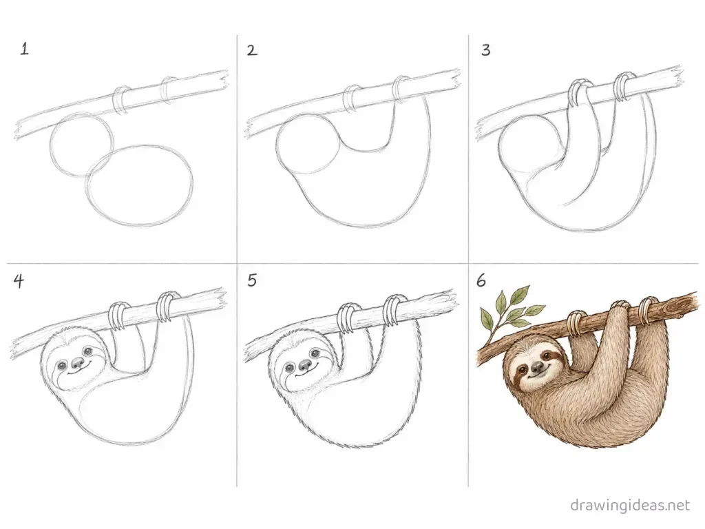 How to draw a sloth step by step — 6-step sloth drawing tutorial grid