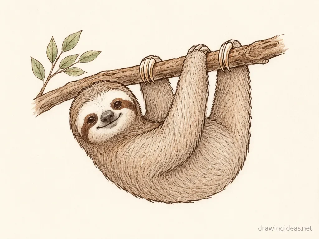 Sloth drawing — hand-drawn sloth illustration with ink lines and soft colors