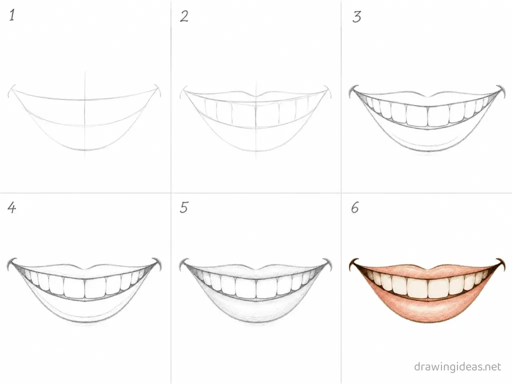 How to draw a smile step by step — 6-step smile drawing tutorial grid