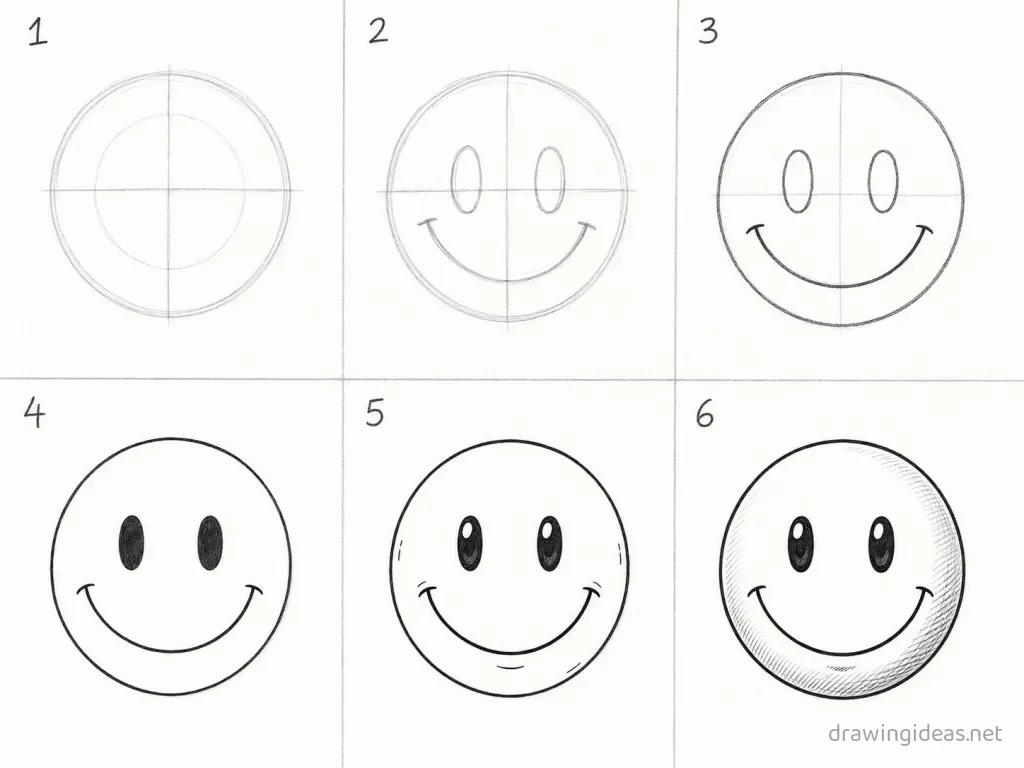 How to draw a smiley face step by step — 6-step smiley face drawing tutorial grid