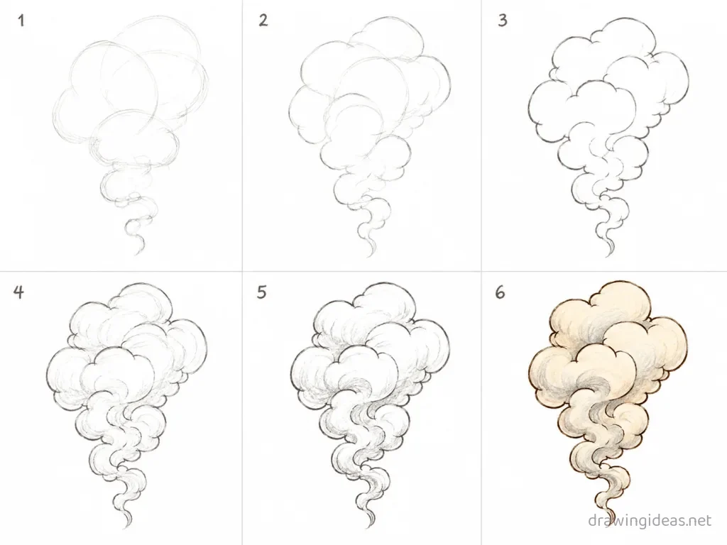 How to draw smoke step by step — 6-step smoke drawing tutorial grid