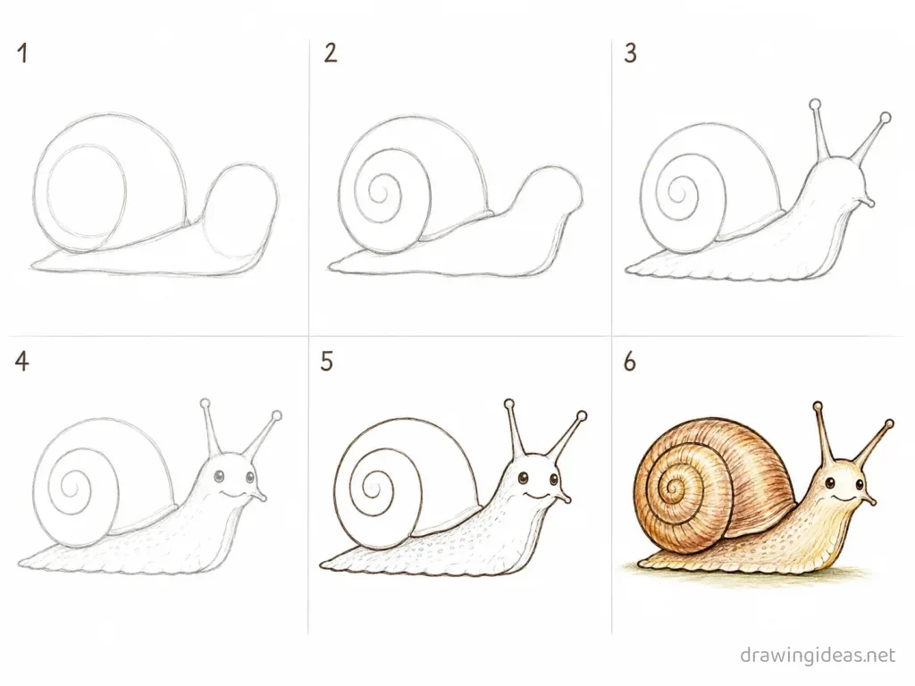 How to draw a snail step by step — 6-step snail drawing tutorial grid