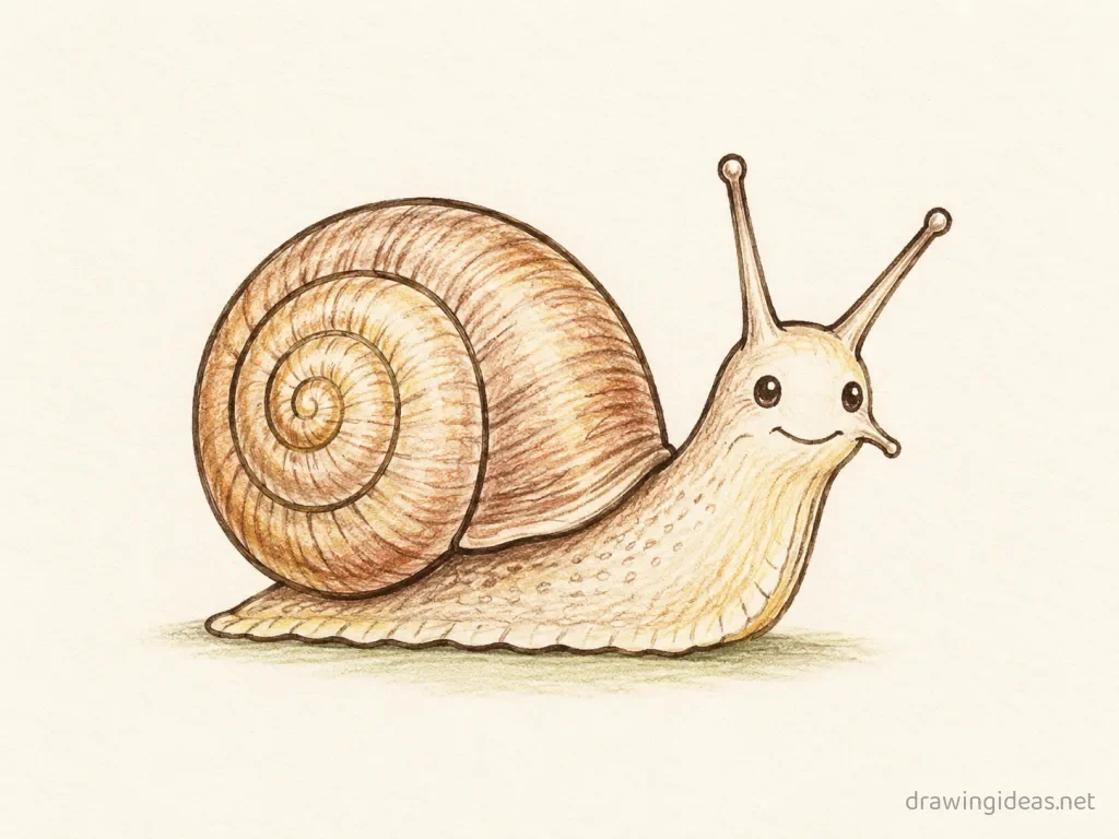 Snail drawing — hand-drawn snail illustration with ink lines and soft colors