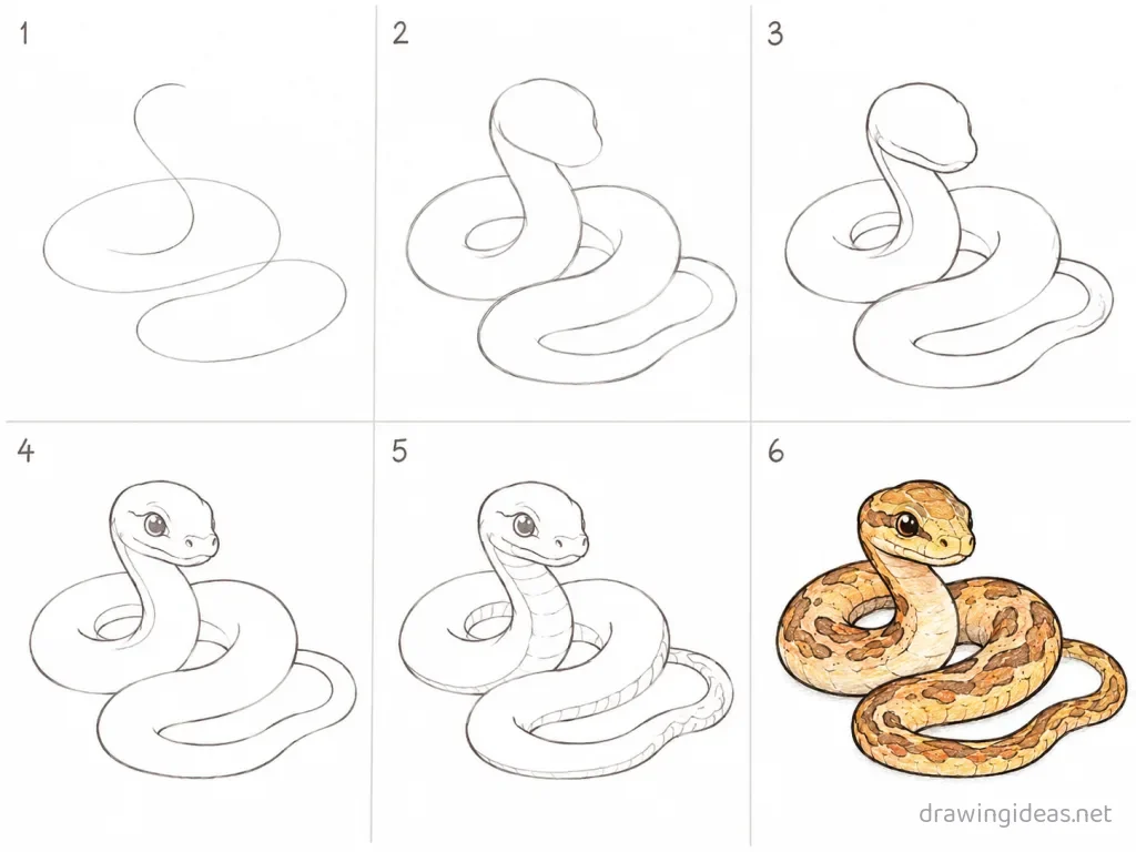 How to draw a snake step by step — 6-step snake drawing tutorial grid
