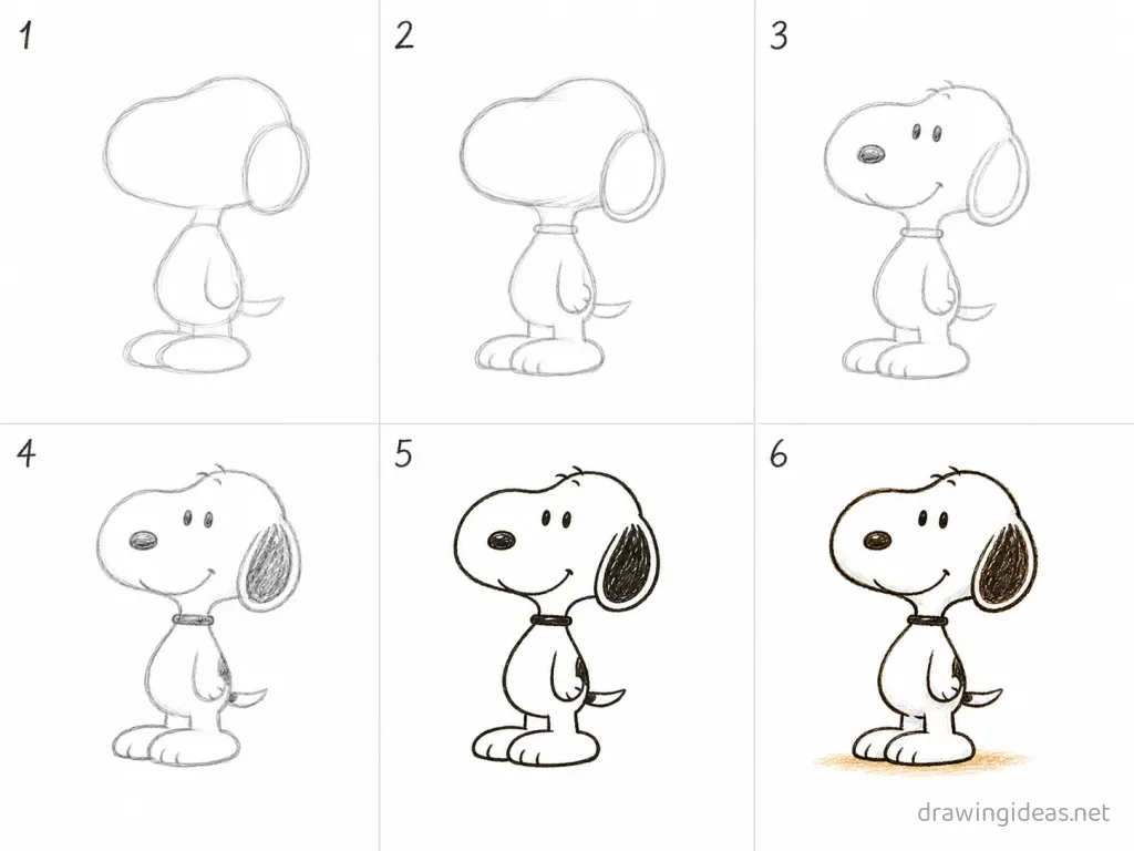 How to draw Snoopy step by step — 6-step Snoopy drawing tutorial grid