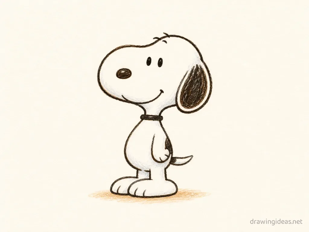 Snoopy drawing — hand-drawn Snoopy illustration with ink lines and soft colors