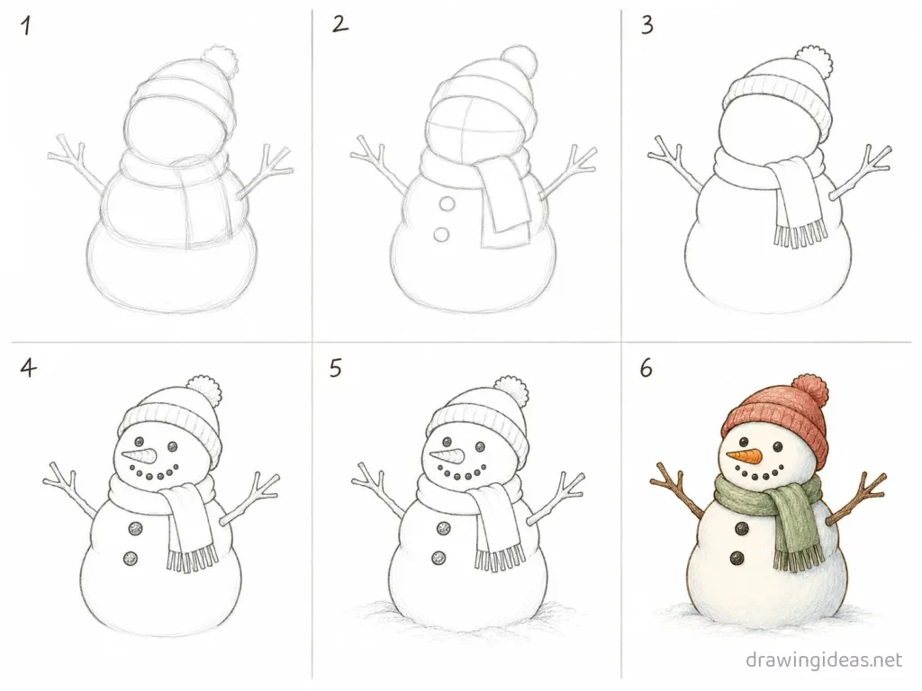 How to draw snow step by step — 6-step snow drawing tutorial grid