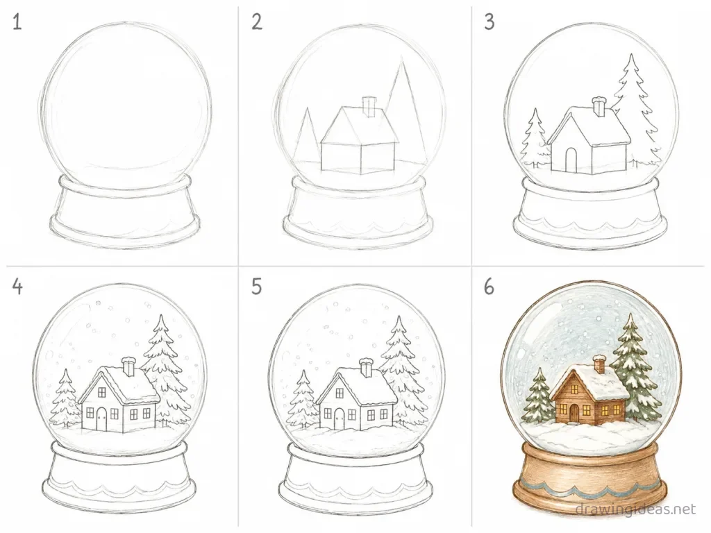 How to draw a snow globe step by step — 6-step snow globe drawing tutorial grid