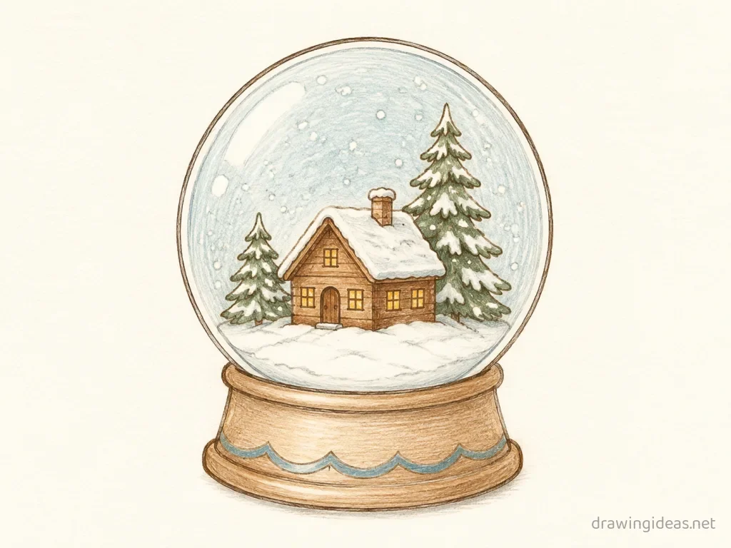 Snow Globe drawing — hand-drawn snow globe illustration with ink lines and soft colors