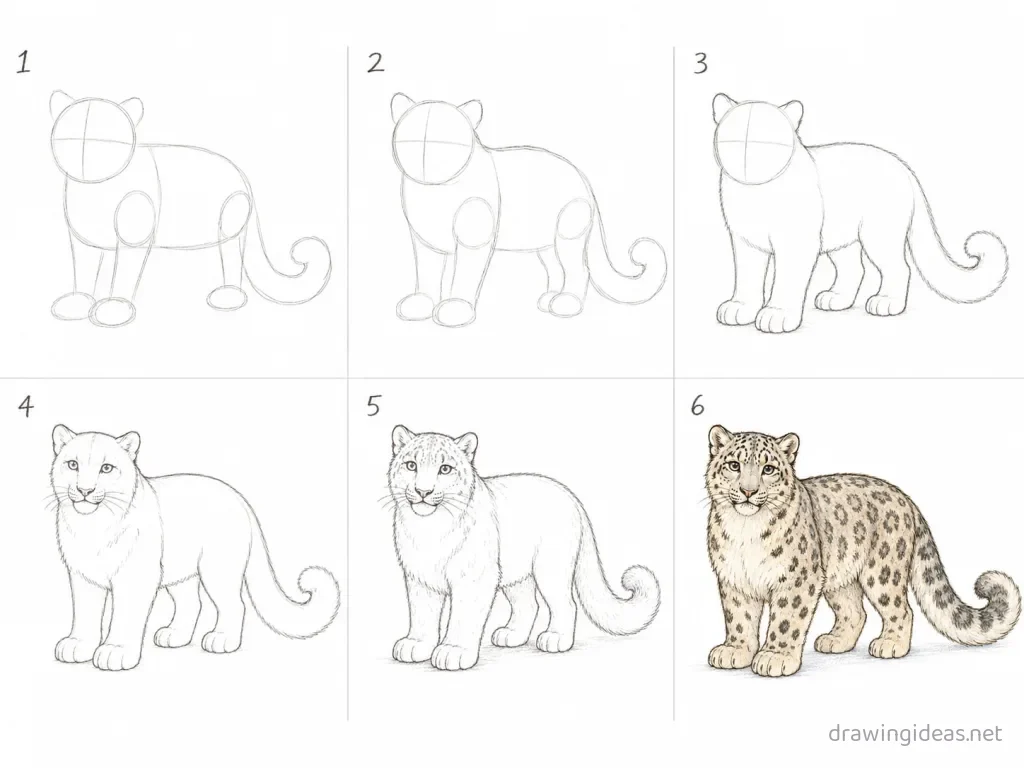 How to draw a snow leopard step by step — 6-step snow leopard drawing tutorial grid