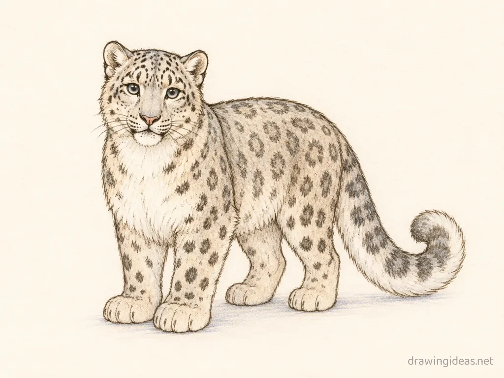 Snow Leopard drawing — hand-drawn snow leopard illustration with ink lines and soft colors