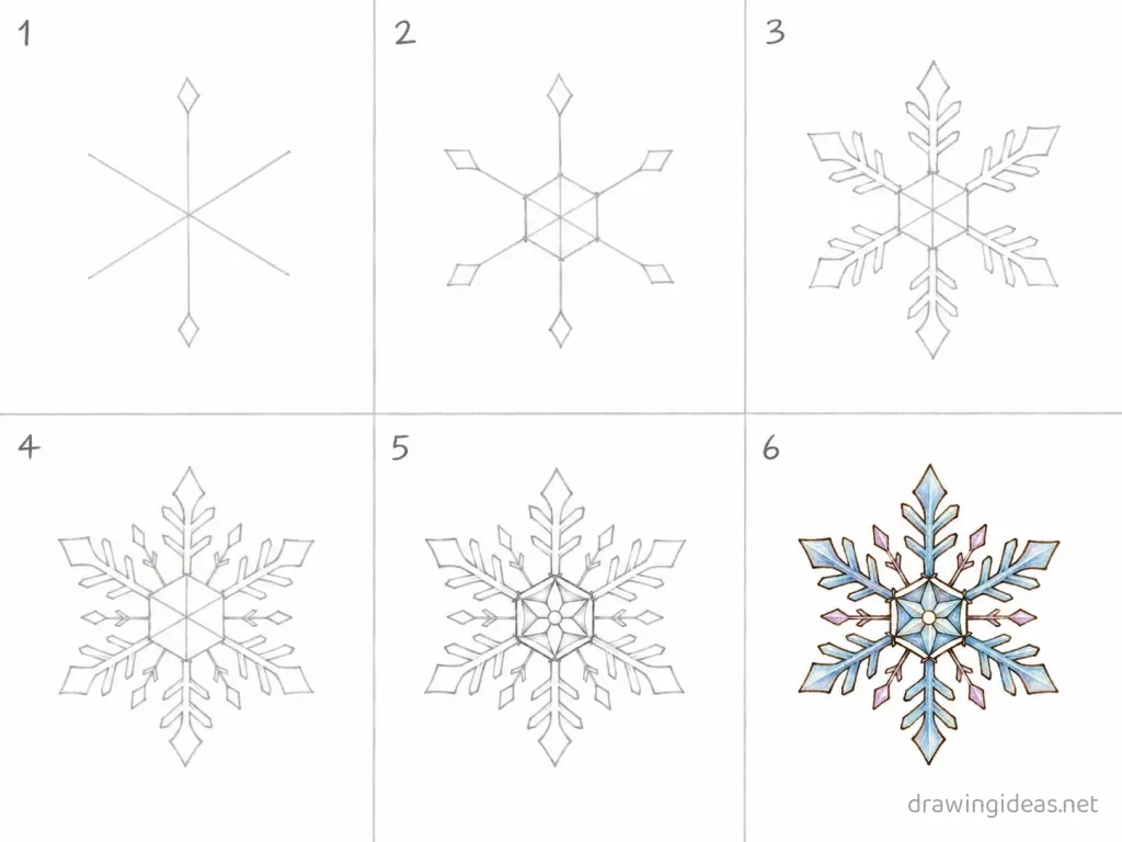 How to draw a snowflake step by step — 6-step snowflake drawing tutorial grid