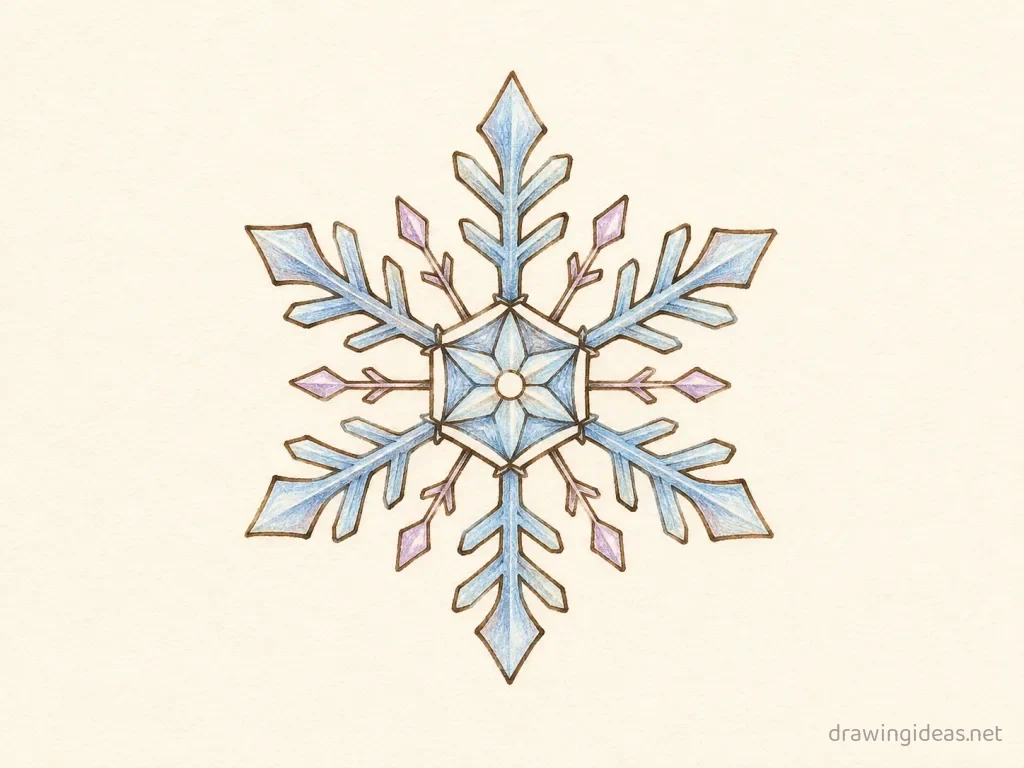 Snowflake drawing — hand-drawn snowflake illustration with ink lines and soft colors