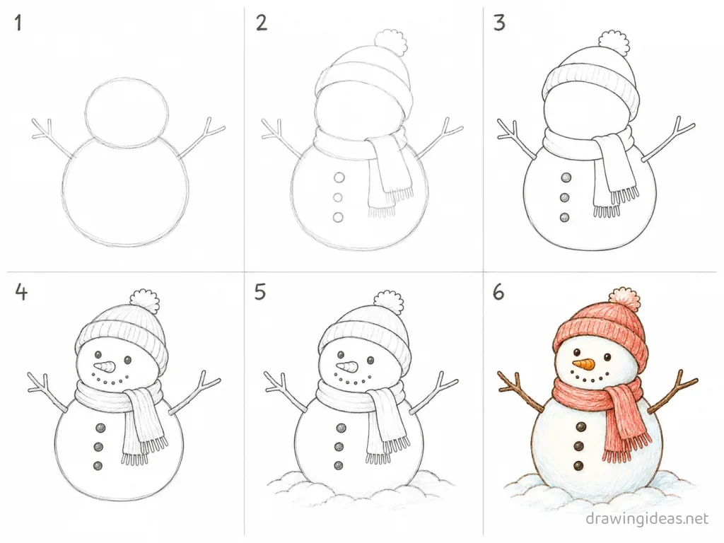 How to draw a snowman step by step — 6-step snowman drawing tutorial grid