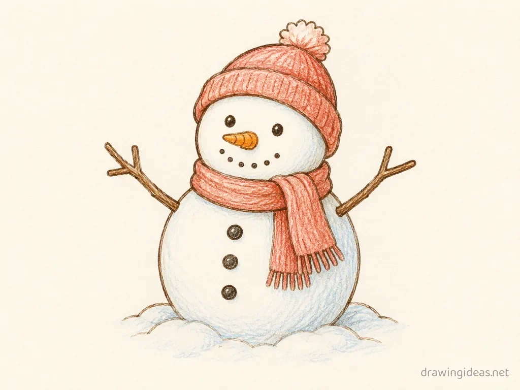 Snowman drawing — hand-drawn snowman illustration with ink lines and soft colors