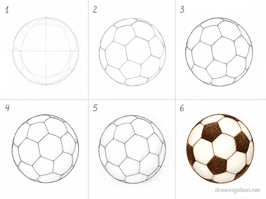 How to draw a soccer ball step by step — 6-step soccer ball drawing tutorial grid