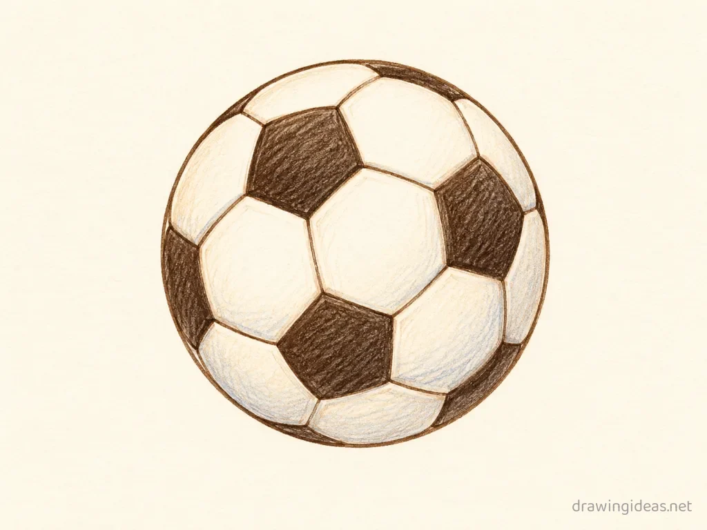 Soccer Ball drawing — hand-drawn soccer ball illustration with ink lines and soft colors