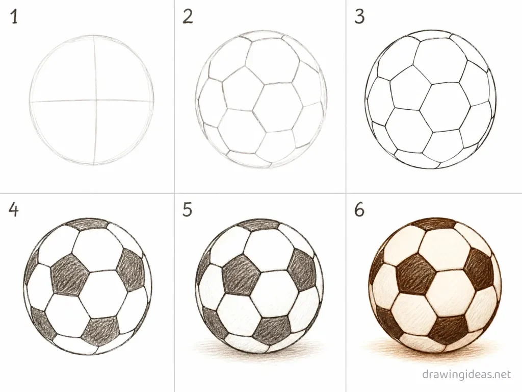 How to draw a soccer step by step — 6-step soccer drawing tutorial grid