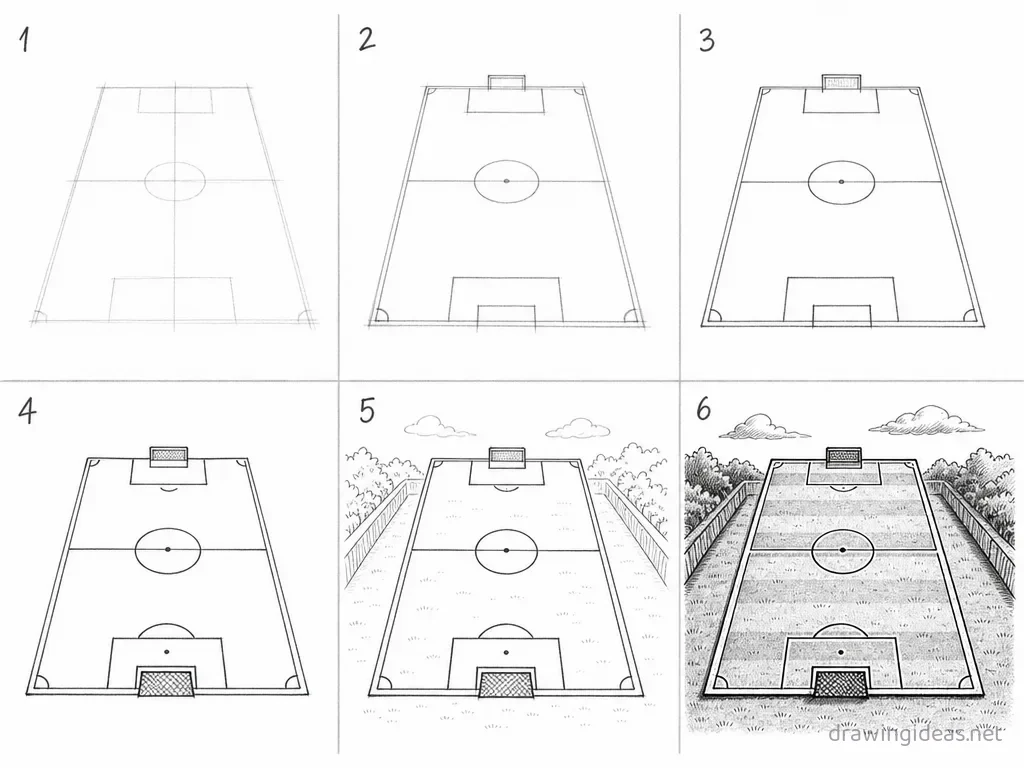 How to draw a soccer field step by step — 6-step soccer field drawing tutorial grid