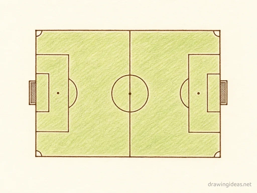 Soccer Field drawing — hand-drawn soccer field illustration with ink lines and soft colors