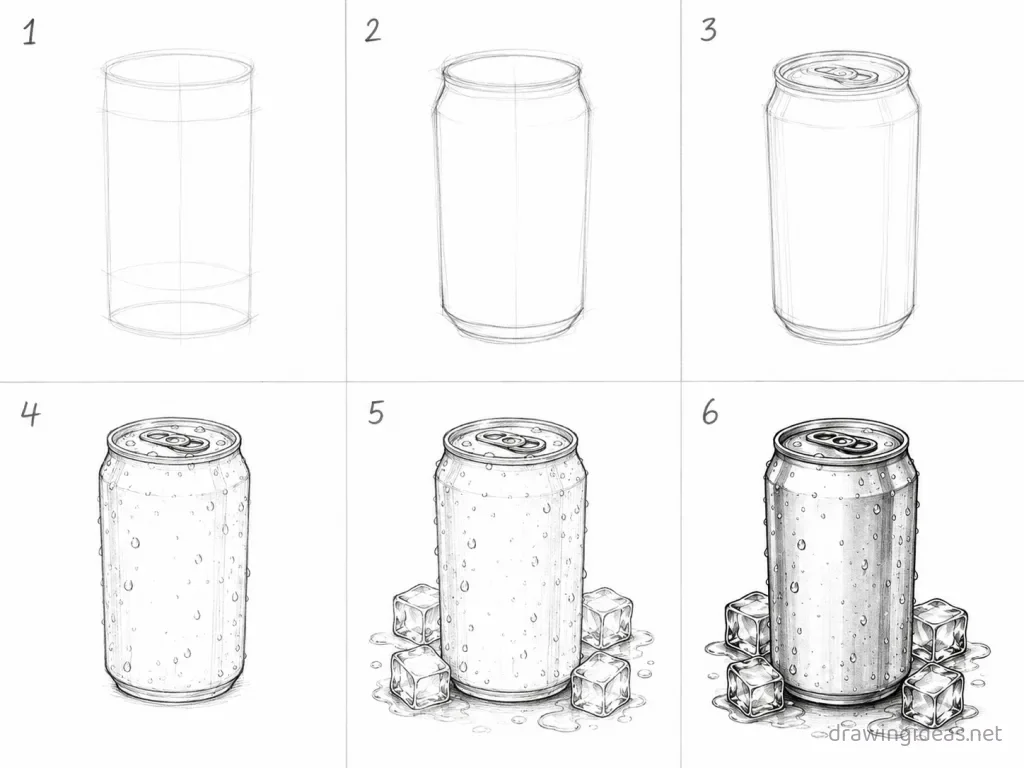 How to draw a soda can step by step — 6-step soda can drawing tutorial grid